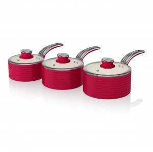 Swan Retro 3 Piece Saucepan Set - Red