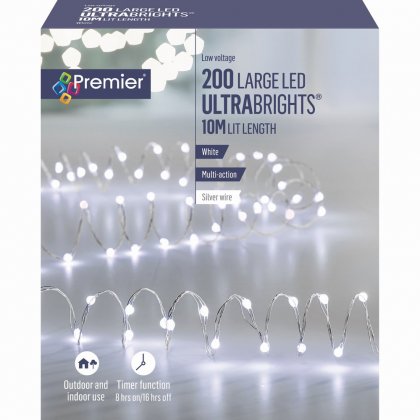 Premier Decorations UltraBrights Multi-Action 200 Large LED on Green Wire - White