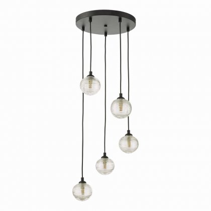 Federico 5 Light Cluster Pendant Black Clear Ribbed Glass