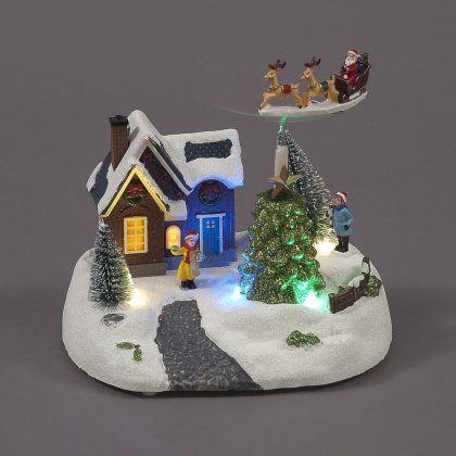 SnowTime Battery Operated Village Scene with Moving Flying Sleigh 17.5cm