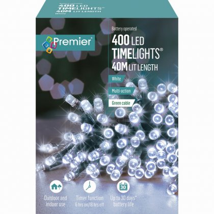 Premier Decorations Timelights Battery Operated Multi-Action 400 LED with Green Cable - White